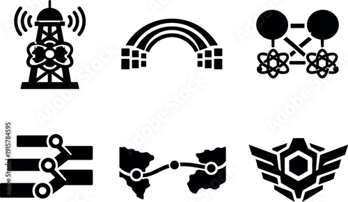 Solid style icons of next-generation communication infrastructure: quantum repeater tower, fiber network arc, entanglement relay