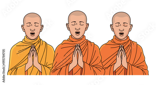 Buddhist monks praying with hands together for spiritual devotion and meditation concept