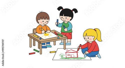 Kids drawing at table for early childhood education and creative development concept