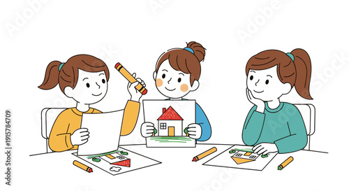 Children drawing house pictures in classroom for creative learning concept