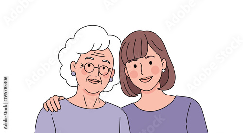 Grandmother and adult daughter smiling together for family love and generational bond concept