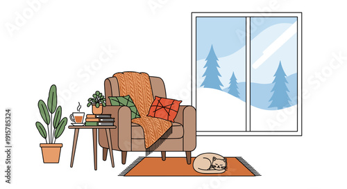 Cozy living room interior with armchair and winter window view for home comfort concept