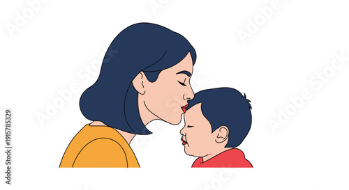 Mother kissing baby on forehead for maternal love and tender parenting concept