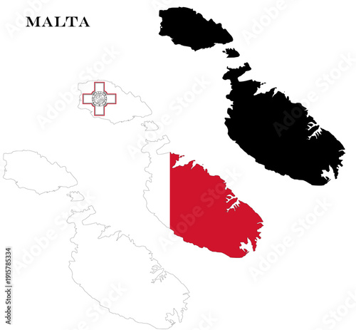 Malta Country Maps Bundle with National Flag, Black Silhouette and Detailed Outline Contours