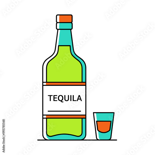 Tequila bottle with shot glass for Mexican celebration and fiesta party concept
