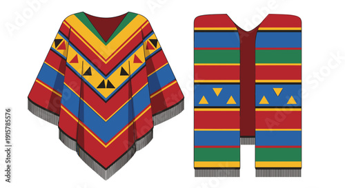 Colorful traditional Mexican poncho and striped textile for cultural costume and folk fashion concept