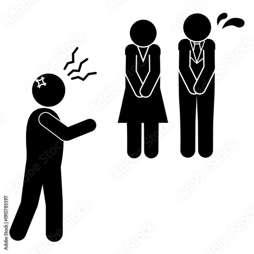 カスタマーハラスメント　怒る客と謝罪する男女スタッフのピクトグラム