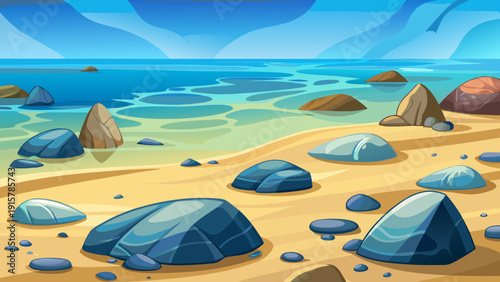 Minimal cartoon vector of underwater stones scattered on sandy floor in clean calm flat ocean environment