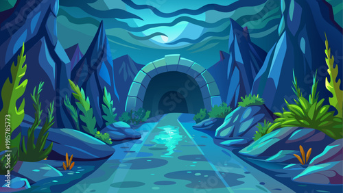 Simple cartoon vector of underwater rocky tunnel fading into darker blue depth flat clean ocean style