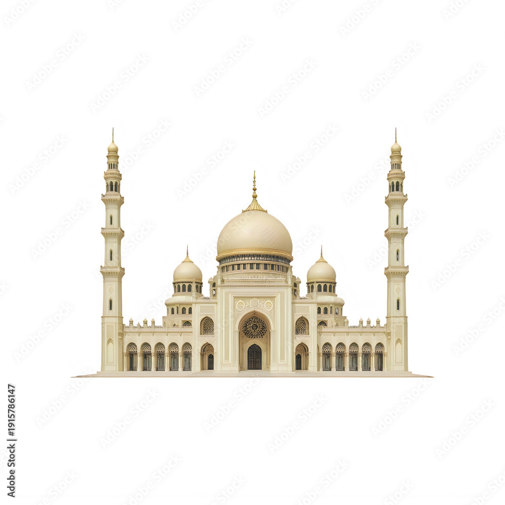 Fototapeta premium Majestic golden mosque with intricate details and minarets isolated on transparent background