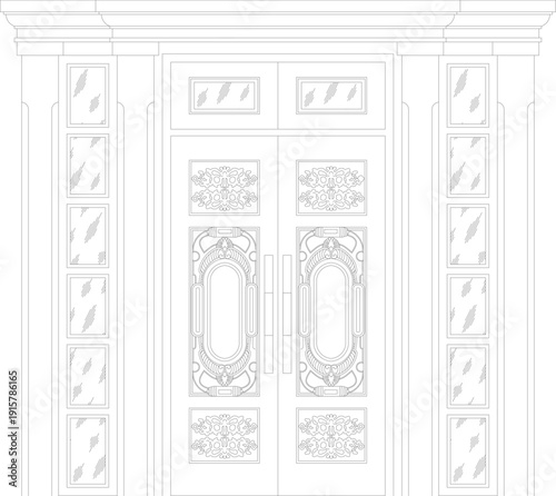Luxury classical double door design featuring ornate relief panels, decorative glass sidelights, and grand crown molding.