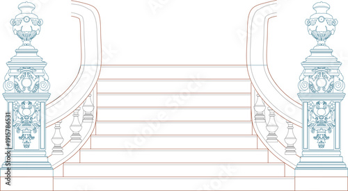 Grand classical staircase design featuring ornate baroque pillars and decorative balustrade system in front elevation view.
