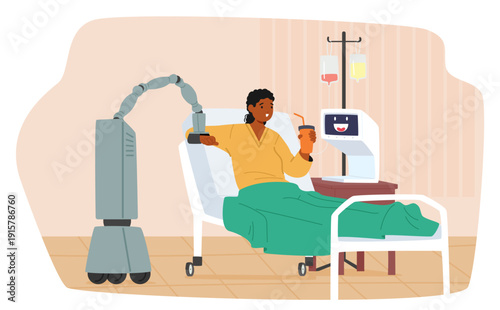 Smart robots monitoring health and providing assistance to patient in clinics cartoon scene