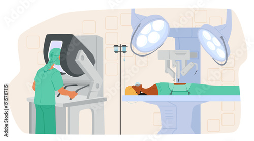 Doctor performing precision surgery with robotic surgical system in operating room cartoon scene