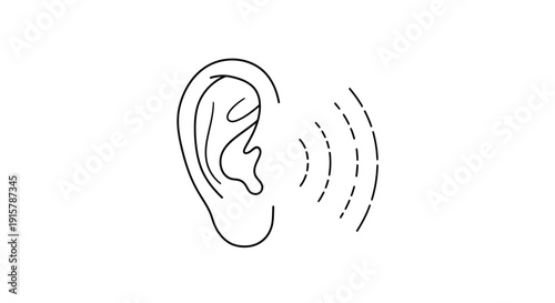 Simple Line Drawing of Human Ear Listening to Sound Waves.