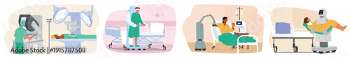 Smart healthcare automation, futuristic hospital equipment and robots in medicine cartoon scene set