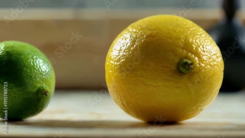 Ultra 4K super slow motion close up footage of lemon slice sliding on table with cinematic motion capturing the fresh citrus texture playful interaction with surrounding 