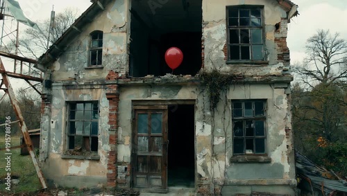Cinematic 4K footage of single red balloon luring person into dangerous abandoned building creating suspenseful thriller atmosphere with motion dramatic lighting creative cinematic stock 