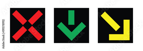 Professional Lane Control Signal and Traffic Indicator Set – High-Visibility Red X, Green Down Arrow, and Yellow Diagonal Arrow Icons