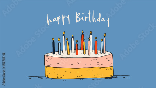 Birthday cake with ten candles and happy birthday text. Illustrated birthday cake with ten lit candles and Happy Birthday message on blue background