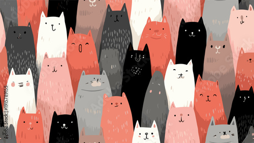 Cute cat pattern creating seamless animal background texture. Many cute cats with different expressions forming a seamless animal pattern