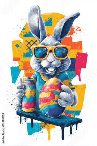 Cool cartoon rabbit wearing sunglasses holding Easter egg poster. Cartoon rabbit wearing sunglasses holding a colorful graffiti-painted Easter egg with traditional food
