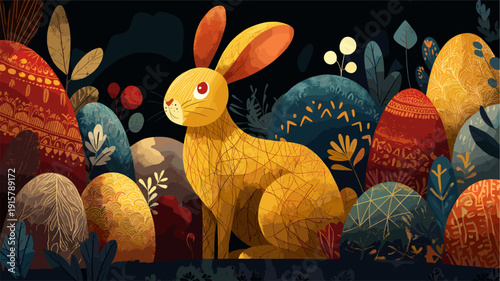 Easter bunny with folk art patterned eggs in nature. Easter poster. Happy rabbit and decorated Easter eggs among stylized plants, celebrating spring