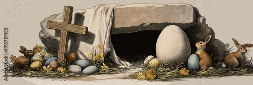 Empty tomb with cross and easter bunnies celebrating resurrection. Easter greeting card. Empty cave, stone rolled away, with cross, bunnies and colorful Easter eggs