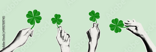 Halftone hands holding green four leaf clover. St Patrick’s Day good luck symbol. Lucky charm. Retro pop art collage elements for mixed media design. Vector Illustration for 17 march card