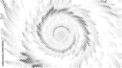 Abstract diagonal halftone circular pattern, rotated dotted ring background, modern geometric dot texture, dynamic monochrome swirl design on white surface