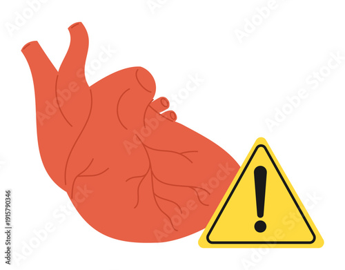 Red human heart and yellow warning sign. Cardio disease attention icon. Cardiovascular treatment. Dangerous illness beware symbol. Medical diagnostic. Vector concept of danger to organ