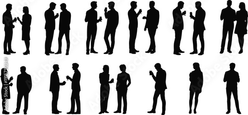 Business people silhouette collection, professionals networking and talking with coffee cups, corporate communication concept vector illustration isolated on white background