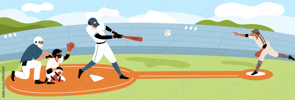 Fototapeta premium Game of baseball. One player throws ball into play and other hits softball with bat. Athletes in uniforms with helmets. Competitive match at stadium. Sports championship. Vector concept