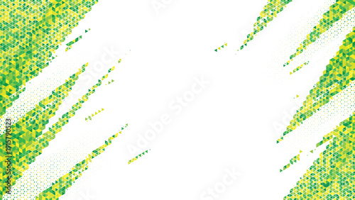 Green and yellow triangular burst background with dynamic geometric mosaic pattern, modern abstract polygon design on white backdrop with wide copy space