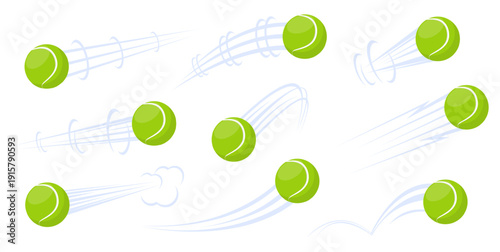 Flying green balls for tennis with airflow marks. Flight stream curve trail. Color drawing track effect. Air flow and puff cloud. Orb hit movement. Speed motion jet traces vector set