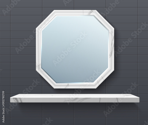 Bathroom interior with empty marble shelf and large mirror. Clean shelving at toilet tiled wall. Home restroom furniture. Hexagon reflecting surface. Vector realistic room furnishing