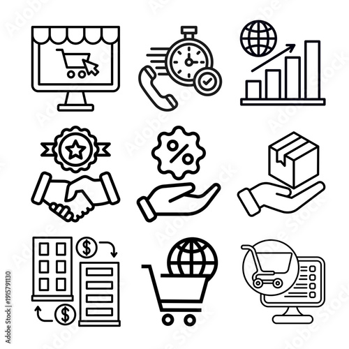 Clean black and white ecommerce line icon set. Editable vector icons ideal for online stores, shopping apps, checkout systems, and retail websites.