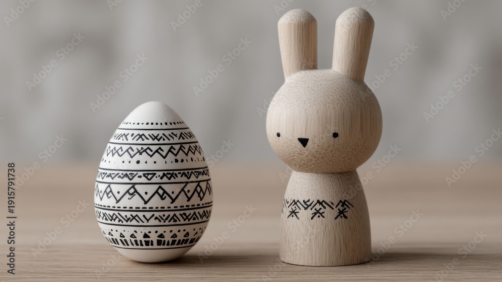 Fototapeta premium Minimalist wooden bunny and decorated egg on wooden surface