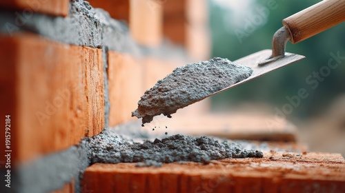 Wallpaper Mural Construction worker using trowel to apply mortar on brick wall, showcasing detailed texture of bricks and mortar in a blurred outdoor construction site background Torontodigital.ca