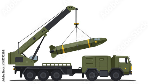 Missile loaded onto launch vehicle with crane on a transparent background
