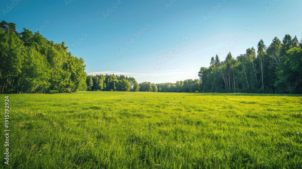 Fototapeta premium Idyllic green grass field landscape at countryside in green spring season with blue sky.