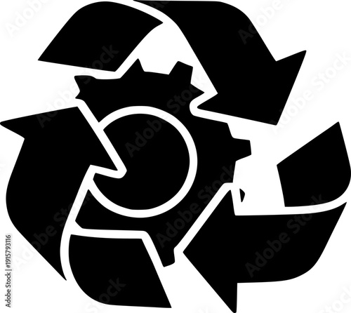 Combined machinery gear and recycling arrows icon in black silhouette representing technical waste management and industrial sustainability for business designs