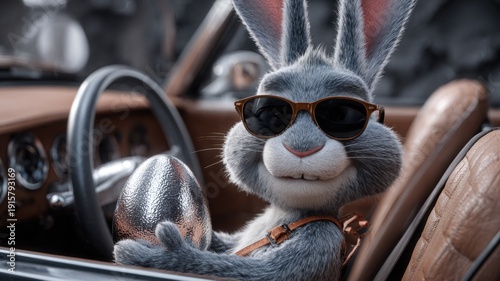 Cool bunny driving classic convertible holding silver egg in stylish sunglasses