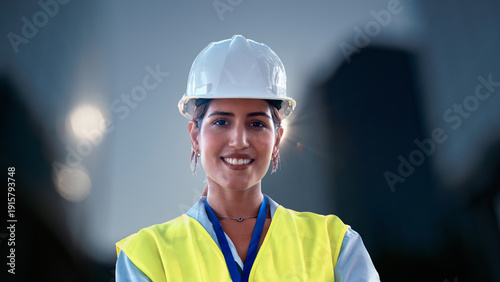 Female engineer smiling for camera, showing professionalism and expertise in her field
