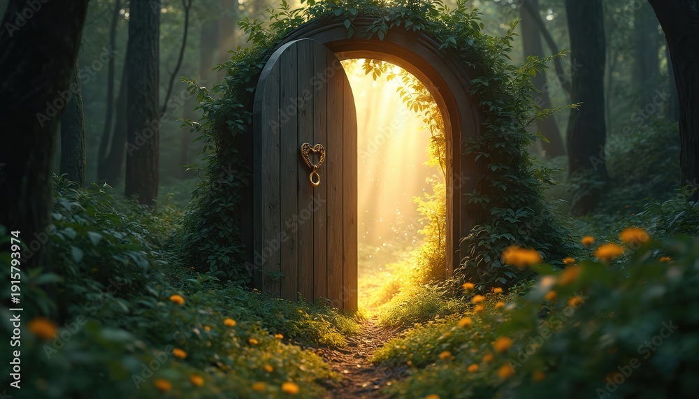 Obraz premium Wooden archway door opens into sunlit clearing in green forest. Path leads through magical garden with yellow flowers. Sunlight beams stream through archway.