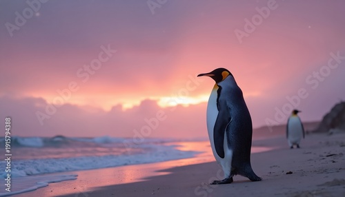 King penguins stand on sand beach by ocean at sunset. Soft pink purple sky colors reflect on calm water and wet sand shore. Other penguin walks in distance.