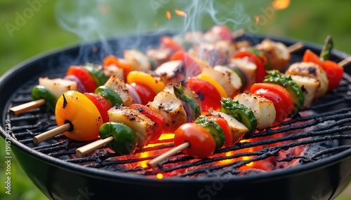 Colorful vegetable and chicken skewers cook on a hot charcoal grill outdoors. Flames rise beneath the grate, sending smoke upwards into a green garden. This is a delicious summer meal.