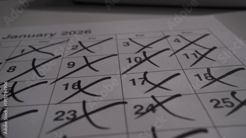 Close-up of hand marking and crossing off days on a January 2026 calendar. Concept of time management, planning, countdown and productivity at home or office.