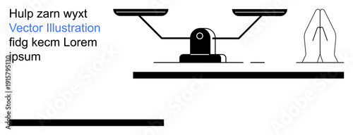 Justice, balance, spirituality, decision-making, equality, law. A balanced scale alongside praying hands. Justice and spirituality fairness, faith and balance