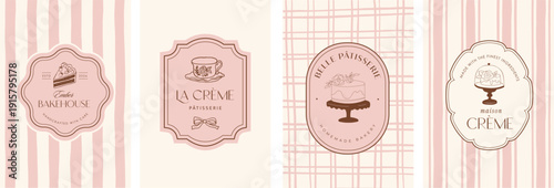 Retro pastry shop and bakery label set. Vintage illustrations of cakes and sweets for cafe logos and branding. 
